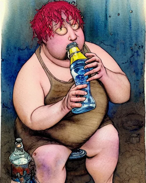 Image similar to a realistic and atmospheric watercolour fantasy character concept art portrait of a fat, chibi quigon jin drinking out of a bottle with pink eyes wearing a wife beater. by rebecca guay, michael kaluta, charles vess and jean moebius giraud