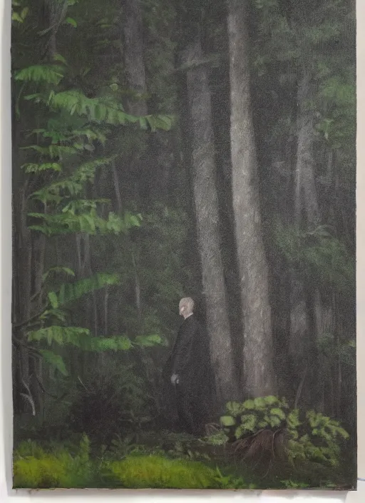 Prompt: a white silhouette of a man against a dark forest background, lots of plants, low light, oil painting