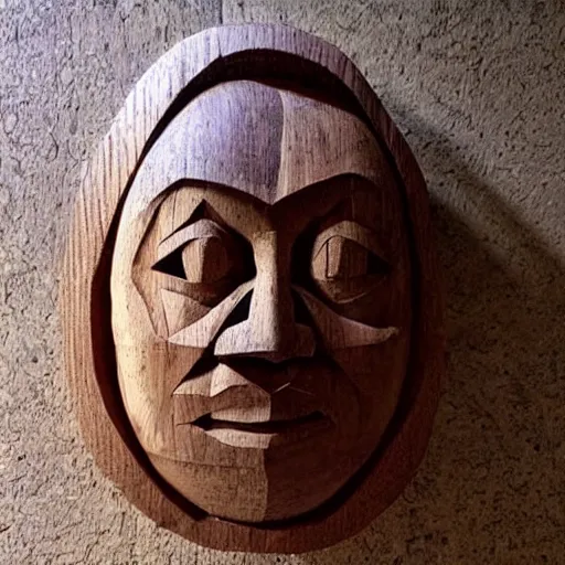 Image similar to an intricate face carved out of wood