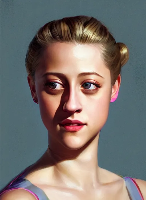 Image similar to portrait of lili reinhart, smiling kindly, bangs, 1 9 6 0 s, ponytail, bangs and ponytail, intricate, elegant, glowing lights, highly detailed, digital painting, artstation, concept art, smooth, sharp focus, illustration, art by wlop, mars ravelo and greg rutkowski