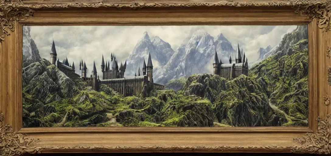 Prompt: Hogwarts landscape painted by Alan Lee