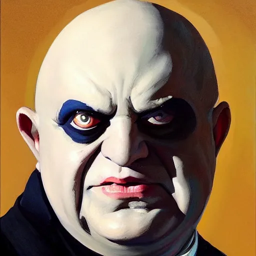 Prompt: greg manchess portrait painting of uncle fester from addams family as overwatch character, medium shot, asymmetrical, profile picture, organic painting, sunny day, matte painting, bold shapes, hard edges, street art, trending on artstation, by huang guangjian and gil elvgren and brom