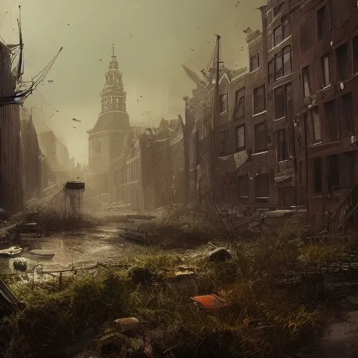 Prompt: Amsterdam in a post-apocalyptic setting, overgrown, hyperdetailed, artstation, cgsociety, 8k