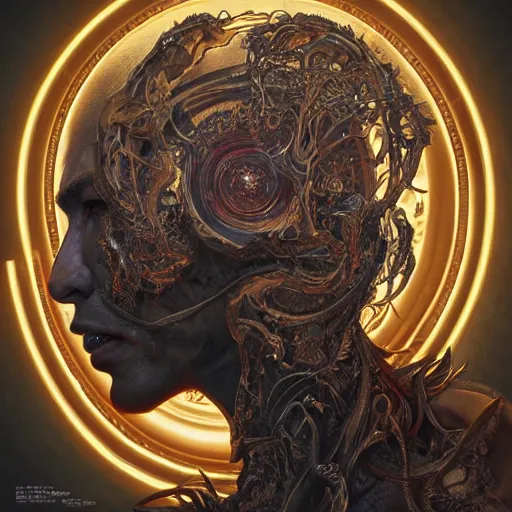 Image similar to whirling ornate intricate portrait of a male bloodied filigreed alien, muscles, rippling, warping, ultra realistic, concept art, intricate details, eerie, highly detailed, photorealistic, octane render, 8 k, unreal engine. art by artgerm and greg rutkowski and alphonse mucha