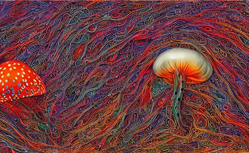 Prompt: beautiful psychedelic amanita muscaria energy flow in the style of peter gric