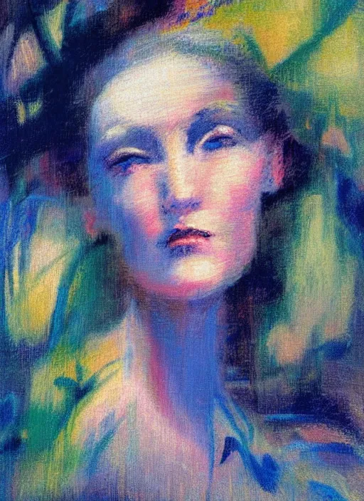 Image similar to an extreme close-up abstract portrait of a lady enshrouded in an impressionist representation of Mother Nature and the meaning of life by Igor Scherbakov, abstract, thick visible brush strokes, figure painting by Anthony Cudahy and Rae Klein, vintage postcard illustration, minimalist cover art by Mitchell Hooks