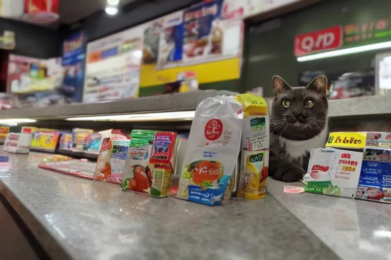 Image similar to cat on the counter in 7 - eleven next to a pack of cigarettes wide angle lens