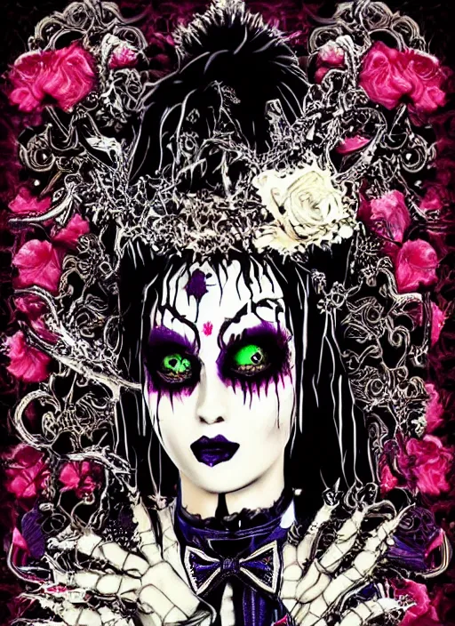 Image similar to baroque bedazzled gothic royalty frames surrounding a pixelsort emo demonic horrorcore Japanese Edward Scissorhands in Wonderland, sharpened early computer graphics, remastered chromatic aberration