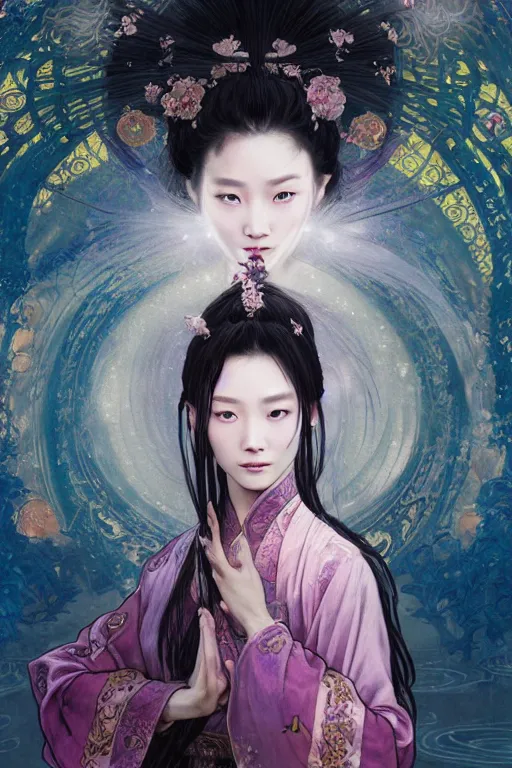 Image similar to beautiful ancient fantasy portrait of wuxia heroine like tzuyz twice, in forbidden City, flowers rainning everywhere, beautiful glowing galaxy eyes, hybrid from Dynasty Warriror, artstation, concept art, smooth, sharp focus, illustration, art by tian zi and WLOP and alphonse mucha, fantasy, intricate, very very beautiful, elegant, highly detailed, digital painting