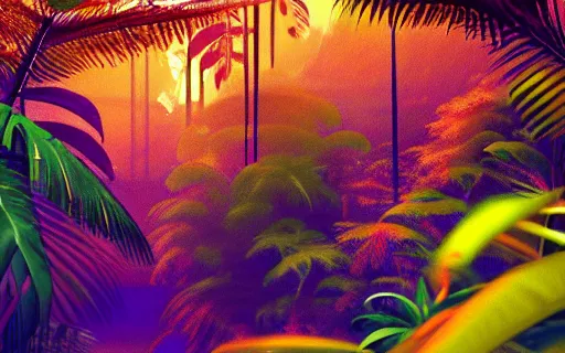 Prompt: a beautiful jungle, orange and purple color scheme, vivid color, vivid lighting, vaporwave, digital art, artstation, 4 k