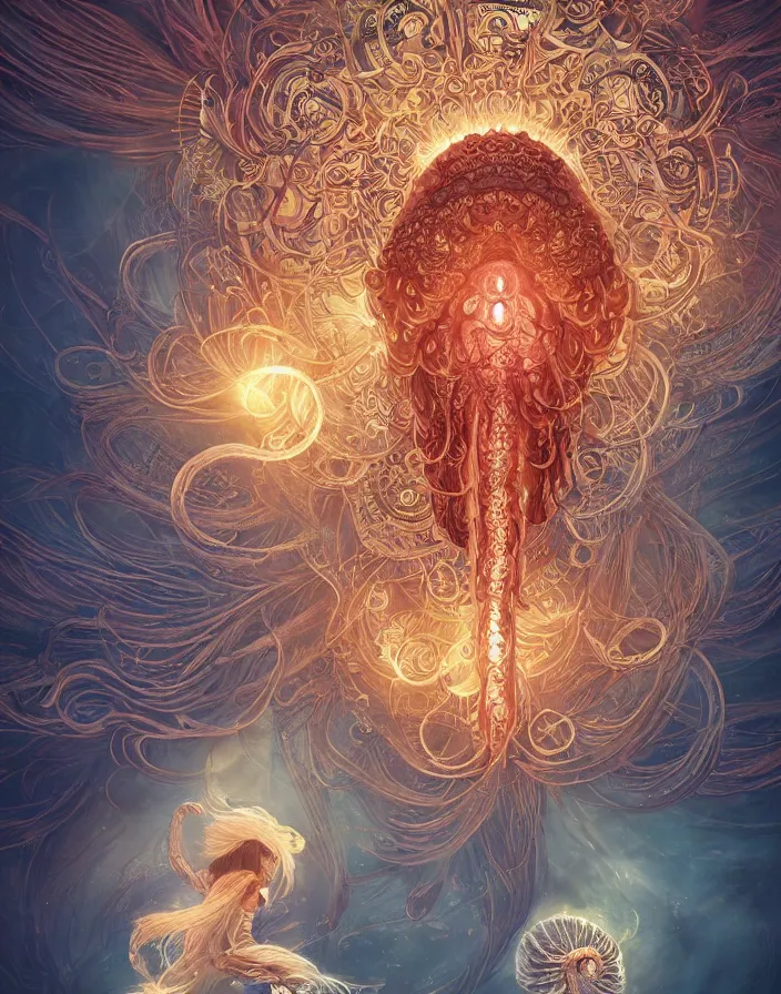 Prompt: goddess portrait, jellyfish phoenix dragon, butterfly squid, burning halo mandala symmetrical ornament, intricate artwork by Tooth Wu and james jean and greg rutkowski, trending on artsttion, intricate artwork, cinematic light, hyper realism, high detail, octane render, unreal engine, 8k, Vibrant colors, Smooth gradients, High contrast, depth of field