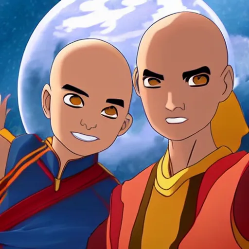 Image similar to a selfie of Aang and Ozai from avatar the last airbender