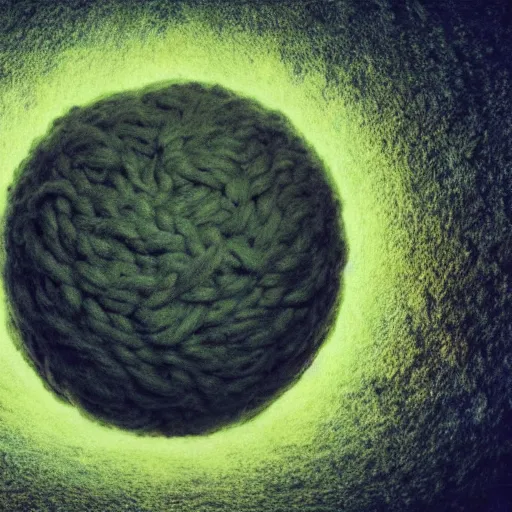 Prompt: a ball of wool with holes in the middle of it, an airbrush painting by mike winkelmann, trending on cgsociety, neoplasticism, rendered in cinema 4 d, photo taken with provia, photo taken with ektachrome