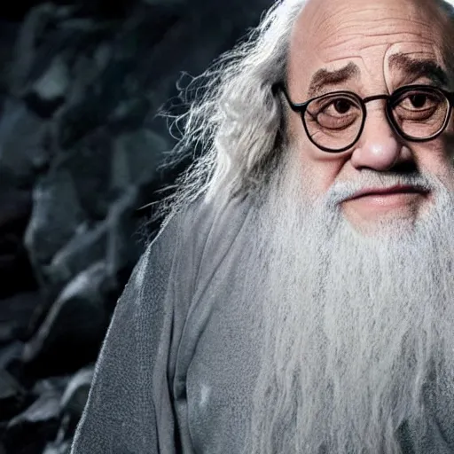 Image similar to danny devito starring as gandalf the white in the 2 0 2 4 lord of the rings movie, full body, hyper realistic, high quality, wide angle