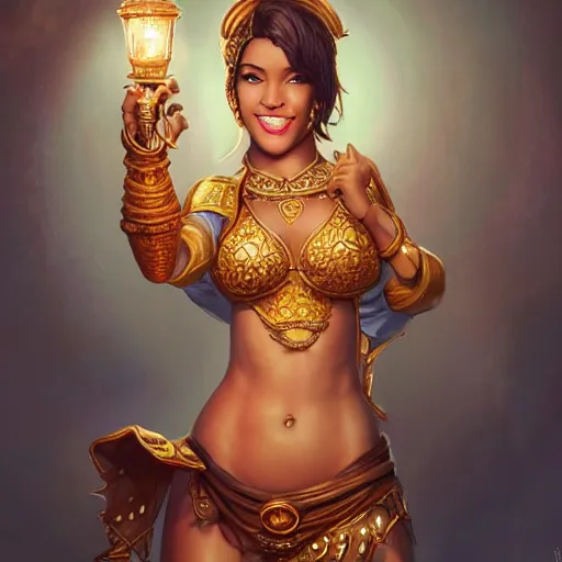 Image similar to a short haired genie, female, young, brown hair, brown skin, abs, emerging from her lamp, confident and smiling, insanely detailed and intricate, hypermaximalist, elegant, ornate, hyper realistic, super detailed, Art Deco, cinematic, trending on artstation, magic the gathering artwork, centered