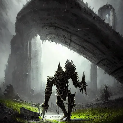 Image similar to Ultrawide Photo of a futile human approaching a giant sentinel king wielding a mythical blade in the abandoned ruins, terror, hysterical, horrifying, digital art, destruction, the void, ominous, crown, fear, very detailed, evil, trending on artstation, intricate details, high definition, 16k, Artstation, by John Wallin Libert