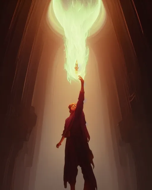 Image similar to highly detailed vfx portrait of an old mage casting a light spell, unreal engine, greg rutkowski, loish, rhads, beeple, makoto shinkai and lois van baarle, ilya kuvshinov, rossdraws, tom bagshaw, alphonse mucha, global illumination, detailed and intricate environment