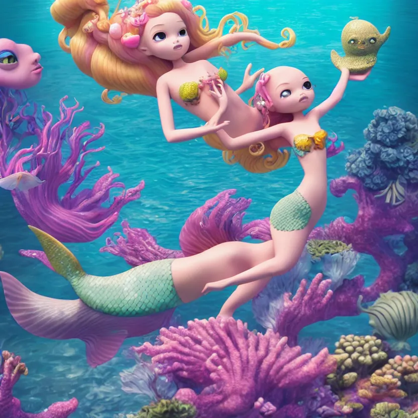 Prompt: cute mermaid girl, isometric 3d, ultra hd, character design by Mark Ryden and Pixar and Hayao Miyazaki, unreal 5, DAZ, hyperrealistic, octane render, cosplay, RPG portrait, dynamic lighting, intricate detail, summer vibrancy, cinematic