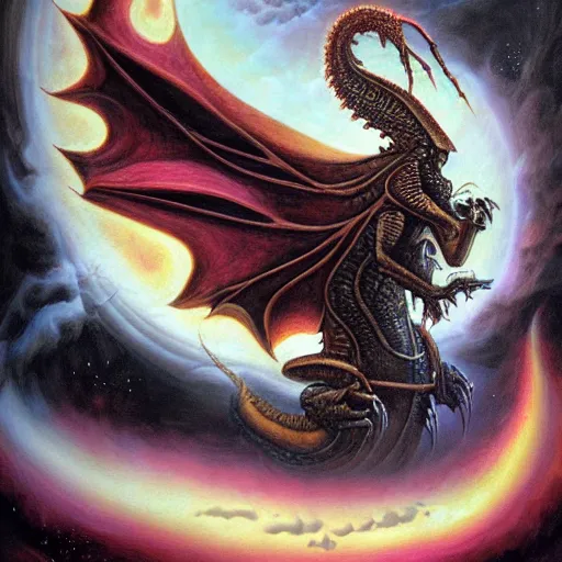 Image similar to an alien dragon demigod descending from the cosmos to consume the earth, by dan seagrave art
