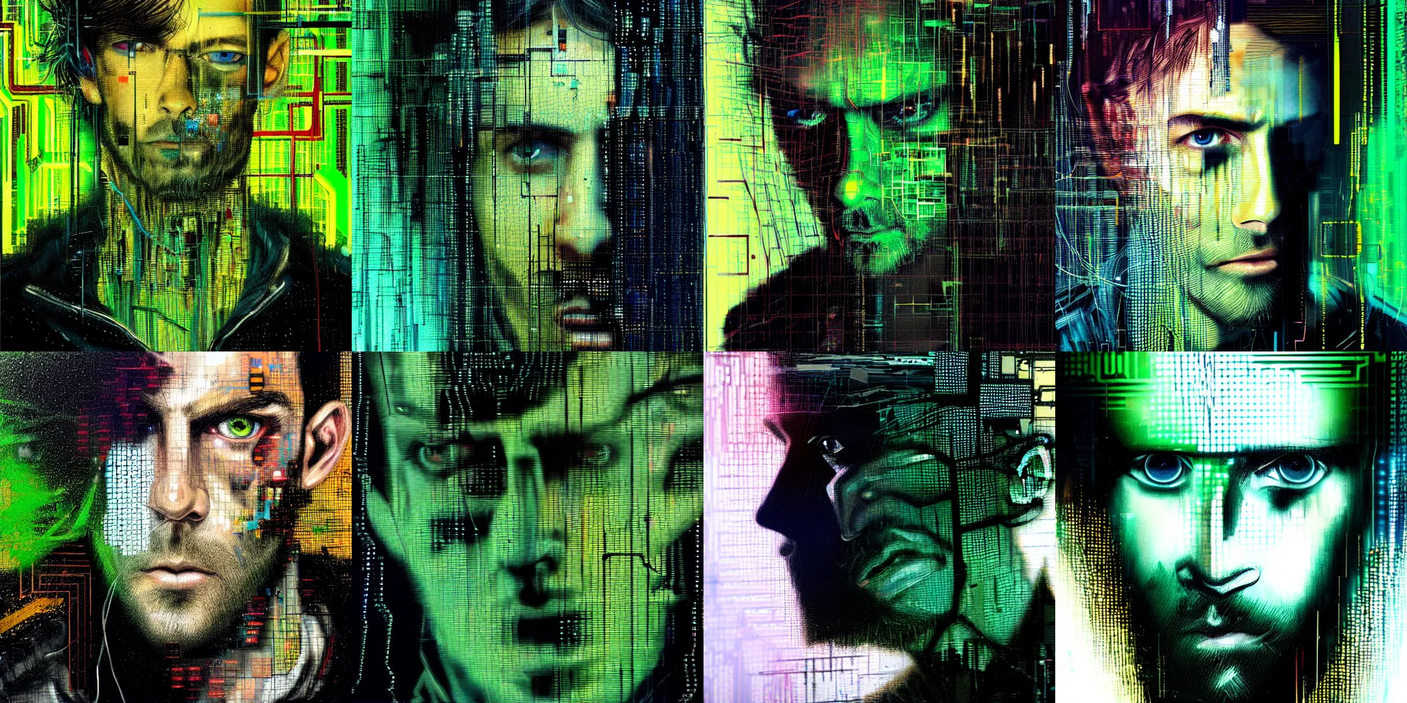 Prompt: hyperrealistic portrait of a cyberpunk man, close up, young adult, medium hair, immersed within a network, glitch eyes, by Guy Denning, Russ Mills, Derek Gores, glitch art, hyper focus, fine detail, polished, complex, hacking effects, holographic, digital tech effects, green, color blocking!, realistic, acrylic on canvas, concept art, abstract!, symmetrical, 8k, concept art, octane, cgsociety, trending on artstation