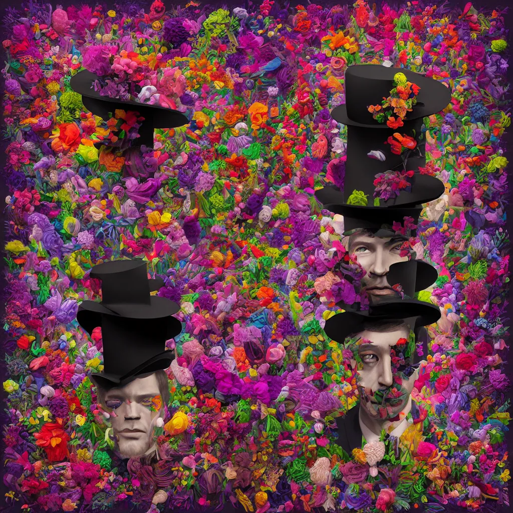 Image similar to a raytraced image album cover of a man with a strange hat on his head, behance contest winner, award winning, masterpiece, pop surrealism, made of flowers, surrealist