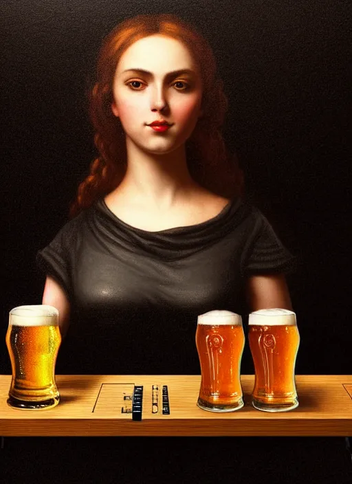 Prompt: image of large pint of beer large technics dj table front of picture, in the backround man and a woman, dark backround, highly detailed, digital illustration, trending in artstation, classical painting, smooth, sharp focus, intricate, einar jonsson and bouguereau