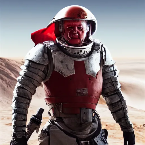 Image similar to portrait of a 5 0 year old soldier wearing vertical slits on his nose, angular eyebrows, blood - spattered glossy sleek white dinged scuffed armor and a long torn red cape, heroic posture, battle - weary, strained expression, determined expression, no helmet, on the surface of mars, dramatic lighting, cinematic, sci - fi, hyperrealistic, detailed