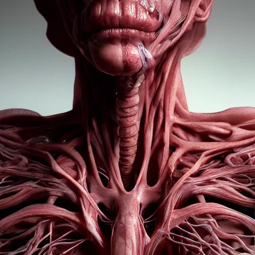 Image similar to female Human with translucent skin, visible muscles and veins and arteries and bones and spine and nerves, beautiful detailed intricate insanely detailed octane render, dark intricate filaments, 8K artistic photography, photorealistic, chiaroscuro, by David Cronenberg, Raphael, Caravaggio