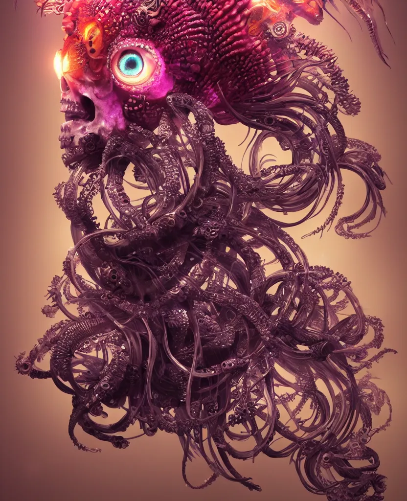 Image similar to goddess close-up portrait ram skull. eyes. jellyfish phoenix head, nautilus, orchid, skull, betta fish, bioluminiscent creatures, intricate artwork by Tooth Wu and wlop and beeple. octane render, trending on artstation, greg rutkowski very coherent symmetrical artwork. cinematic, hyper realism, high detail, octane render, 8k