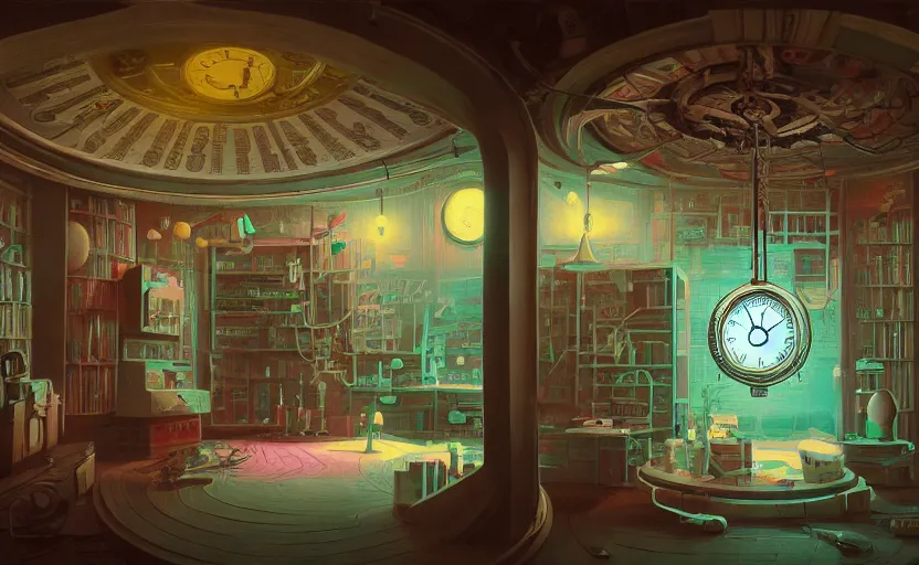 Image similar to Inside an old clock store by Petros Afshar and Beeple, James Gilleard, Mark Ryden, Wolfgang Lettl highly detailed