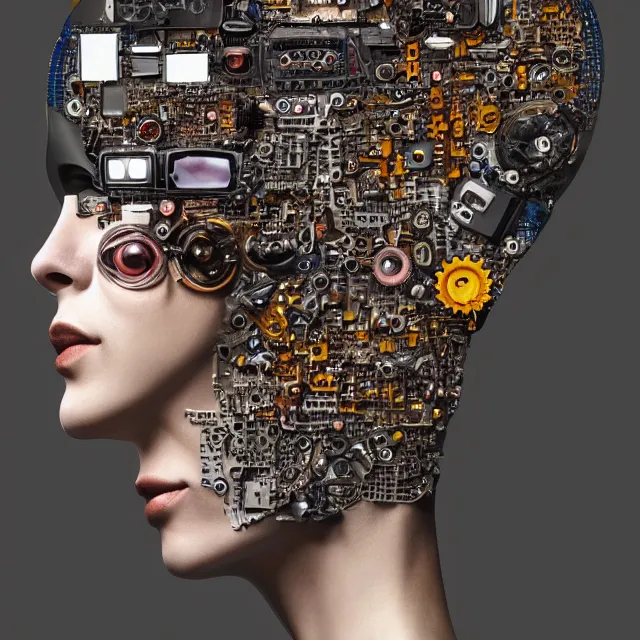 Image similar to profile portrait of a woman, computer parts, mechanical parts, by giuseppe arcimboldo, cyberpunk, futuristic, psychedelic, surreal, sci - fi, dreamlike.