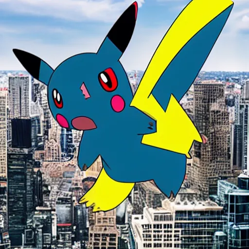 Prompt: huge pokemon attacking a city. skycrapper.