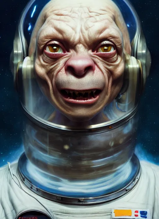 Image similar to portrait of gollum as astronaut, subsurface scattering, by jesper ejsing, justin gerard, tomasz alen kopera, cgsociety and fenghua zhong, highly detailed, rim light, cinematic lighting, illustration, art, octane render, very coherent, cinematic, hyper realism, high detail, octane render, 8 k