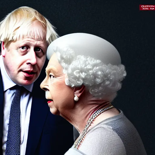 Image similar to Boris Johnson with Queen of Englands body, realistic artstyle, wide shot, dramatic lighting, octane render, hyperrealistic, high quality, highly detailed, HD, beautiful, cinematic, 8k, unreal engine, facial accuracy, symmetrical