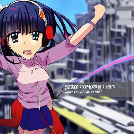 Image similar to anime girl destroys a city, news photo