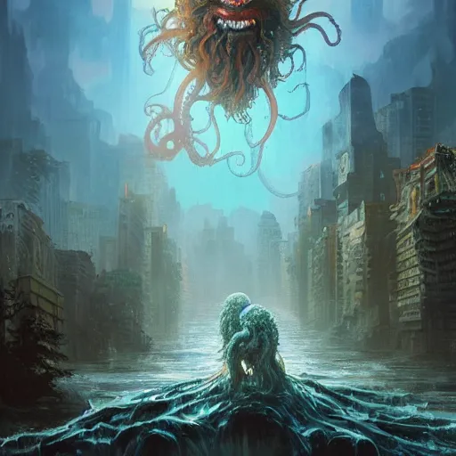 Image similar to bob ross monster with disgusting tentacles, destroying a cityscape, 8 k, highly detailed, digital painting, unreal engine tech demo, vivid colors, artstation, art by artgerm and greg rutkowski and alphonse mucha