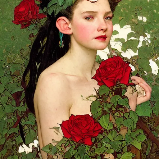 Image similar to profile portrait of a young fantasy elf princess, head only, headshot, royalty, surrounded by thorns and roses, white hair, light skin, mouth slightly open, thorn border, thorn background. by Stanley Artgerm Lau , greg rutkowski, thomas kindkade, alphonse mucha, loish, norman rockwell, J. C. Leyendecker. D&D, fantasy. Trending on artstation rule of thirds, detailed illustration, detailed lighting hd 4k