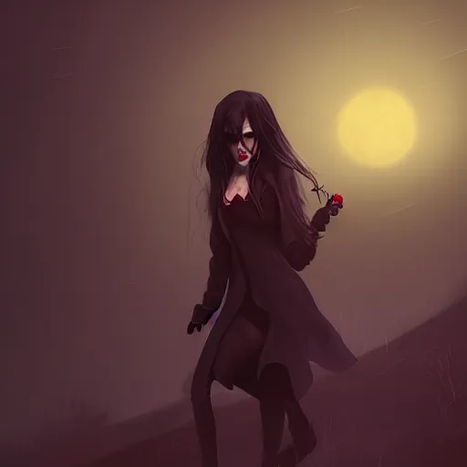 Prompt: a female vampire walking home at night, trending on cgsociety, hard lighting, professional studio