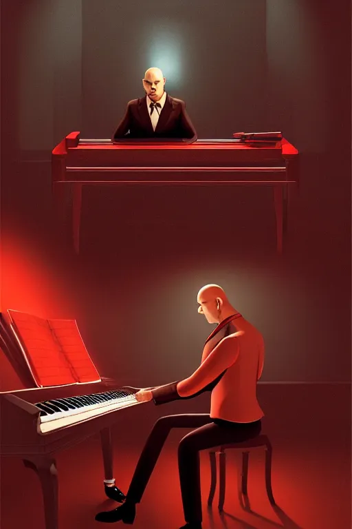 Image similar to an expressive portrait of agent 4 7 playing the piano in a monastery, dark background, red rim light, digital art, artstation, concept art by giger stalenhag