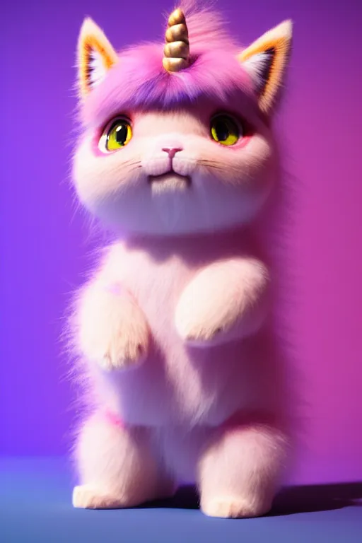 Prompt: high quality 3 d render hyperrealist very cute multicolor stripped fluffy! unicorn kitty, kittycorn, rainbow, hybrid highly detailed, vray smooth, in the style of detective pikachu, hannah yata charlie immer, dramatic pink light, low angle, uhd 8 k, sharp focus