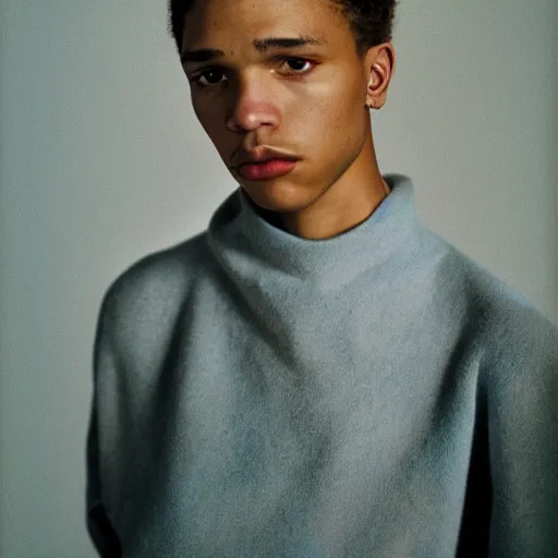 Image similar to realistic photoshoot for a loewe lookbook, color film photography, portrait of a beautiful caucasian person, in style of Tyler Mitchell, 35mm, graflex