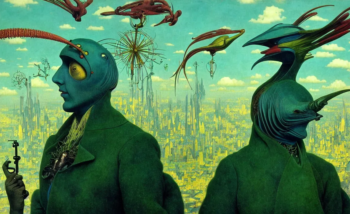 Prompt: realistic detailed portrait movie shot of a birdman wearing green leather coat, sci fi city landscape background by denis villeneuve, amano, yves tanguy, alphonse mucha, ernst haeckel, max ernst, roger dean, masterpiece, rich moody colours, blue eyes, occult