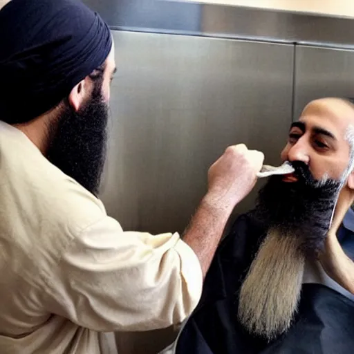 Image similar to osama bin laden shaving off his beard in a macdonalds washroom