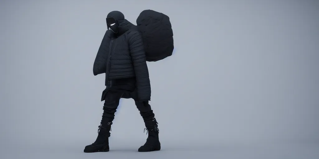 Image similar to kanye west using a full face covering black mask, a small, tight, undersized reflective bright blue round puffer jacket made of nylon, jeans pants and big black balenciaga rubber boots in 3 d, blender, octane render, 3 d render, realistic, unreal engine, trending on sketchfab, studio light, 4 k, 8 k