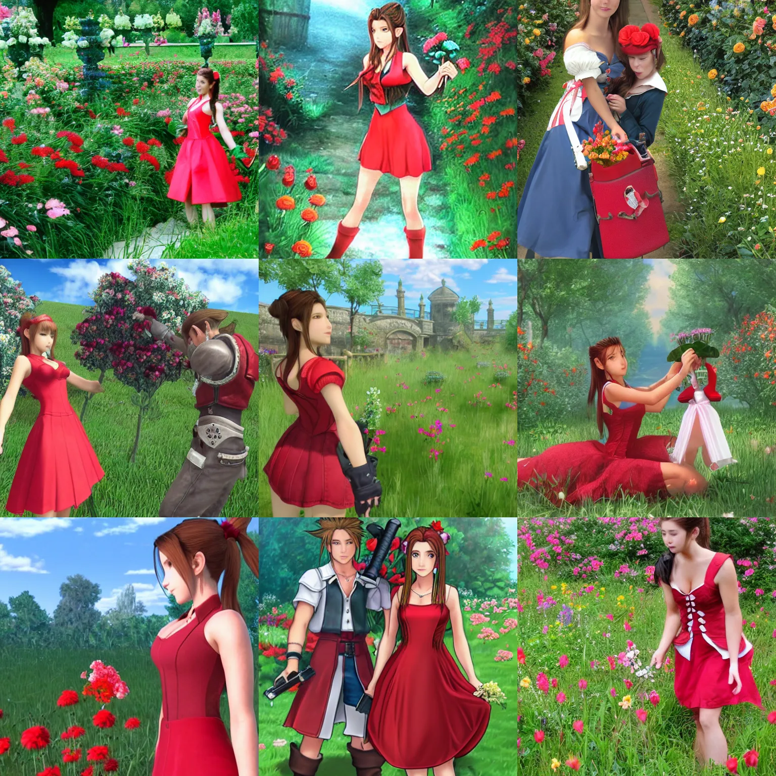 Prompt: aerith gainsborough ( red vest on dress ) of final fantasy 7 picking flowers