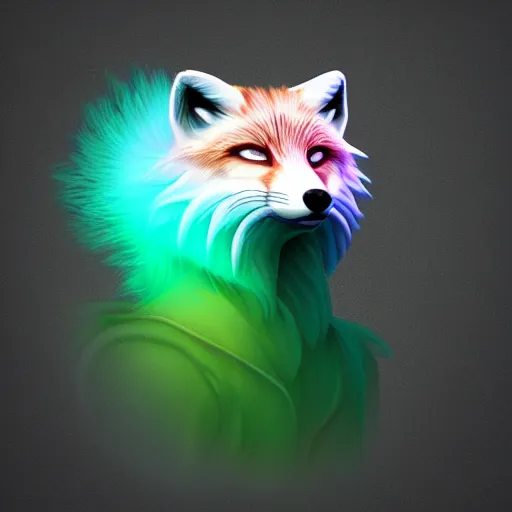 Prompt: digital very green and very white fox, retrowave palette, digital world, highly detailed, electric breeze, anatomically correct vulpine, synth feel, fluffy face, ear floof, flowing fur, super realism, accurate animal imagery, 4 k digital art