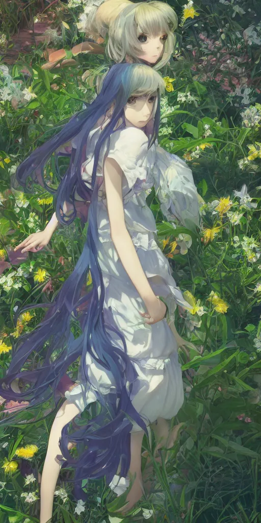 Image similar to a digital art of a loli with long hair in a dress in the privet garden at after noon, green and blue and warm theme, back lighting, highly detailed, 4 k resolution, trending on art station, elegant, depressed, by krenz cushart and mucha and akihito yoshida and greg rutkowski and makoto shinkai