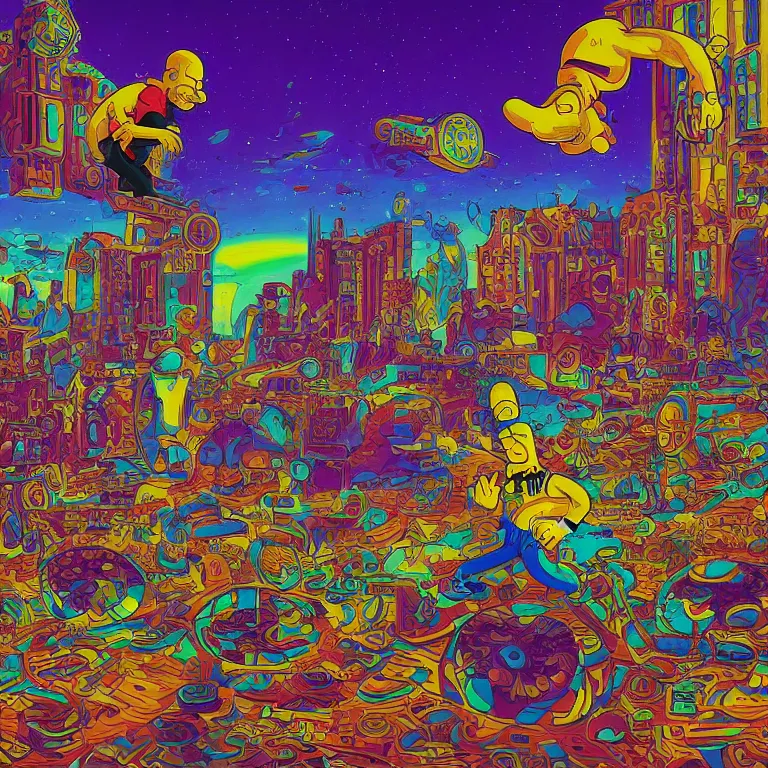 Image similar to A psychedelic painting of Homer Simpson breaking the simulation, digital art by Dan Mumford and Peter Mohrbacher, highly detailed