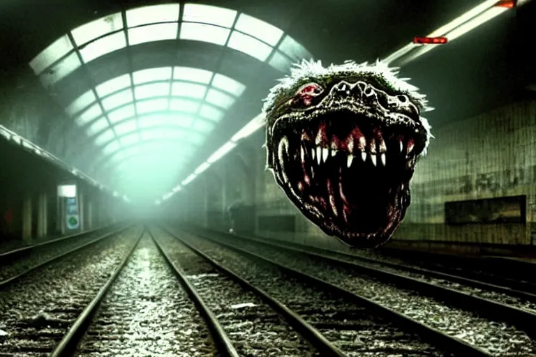 Image similar to very large giant mutant zombie irradiated ( angry rat ) staying on railways in tonnel of moscow subway. tonnel, railways, giant angry rat, furr, fangs, claws, very realistic. fog, extreme long shot, herman nitsch, giger.