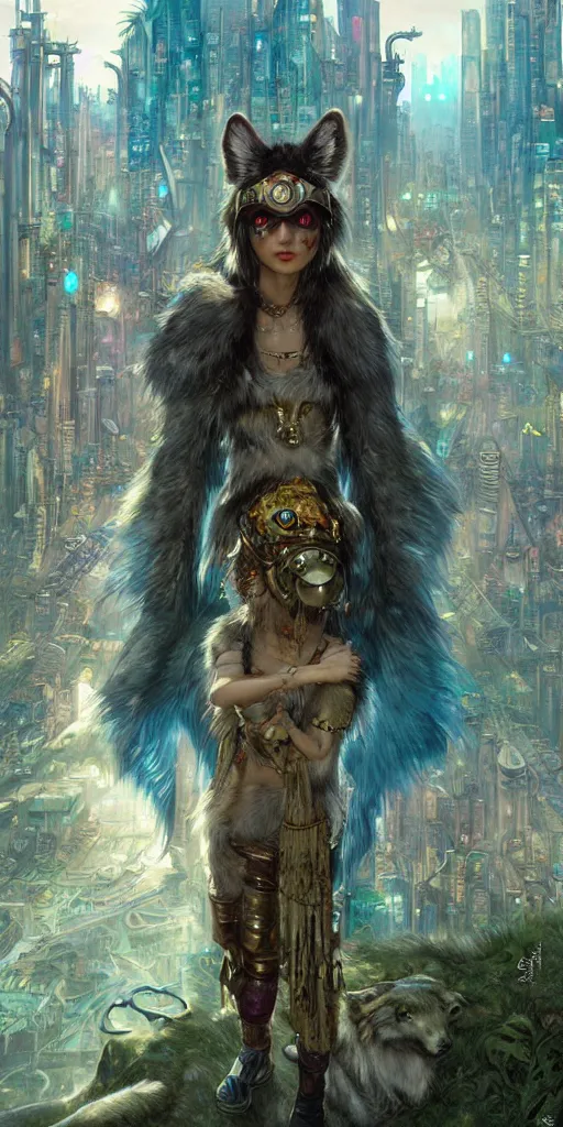 Prompt: hyper realistic Princess Mononoke in her mask, busy cyberpunk metropolis, city landscape, wolves, magic, castle, jewels, style of tom bagshaw, mucha, james gurney, norman rockwell, gems and gold, waterfalls, denoised, sharp